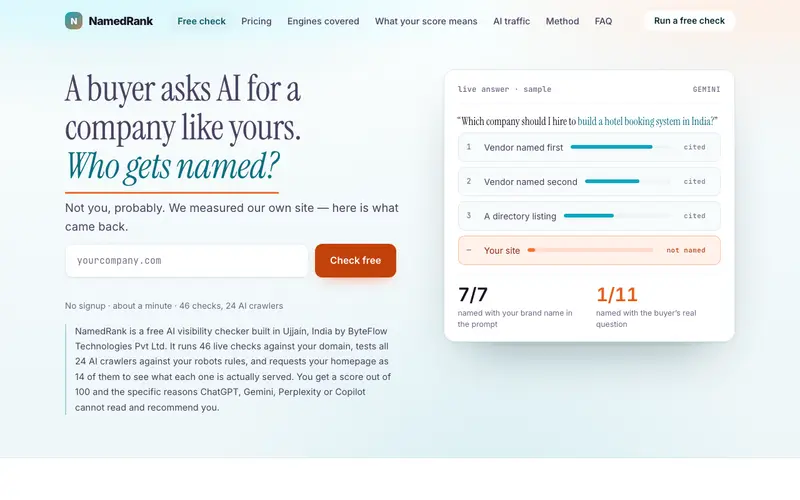 NamedRank homepage — AI visibility checker for brands