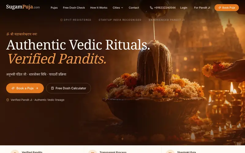 SugamPuja.com homepage — puja booking with verified pandits